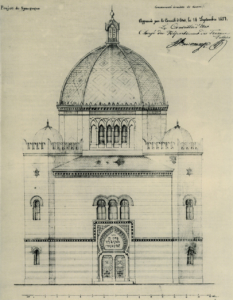 Plan de la Synagogue soumis en 1857. Archives privées de M. Charles Bachofen. Cliquez sur l'image pour l'agrandir